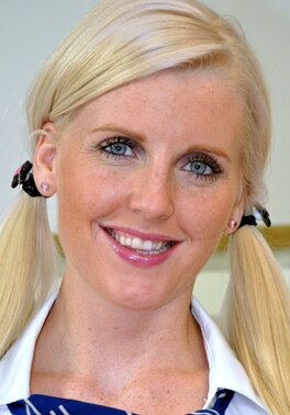 Adorable blonde in schoolgirl outfit fools around before sex with old guy