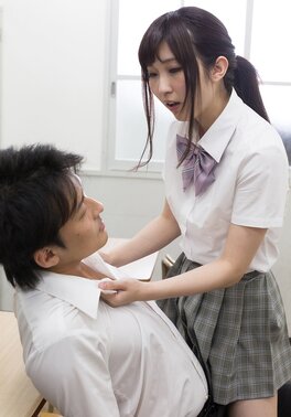 Japanese chick in shirt and skirt gives a footjob to classmate and soon he cums