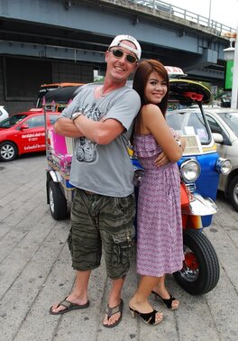 Asian teen Tukta with red hair wears sexy violet dress and prefers Tuk Tuk taxi