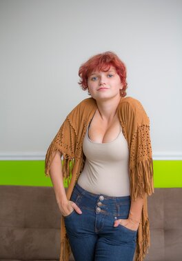 Amateur redhead model spreads legs to reveal her pink shaved pussy on the couch