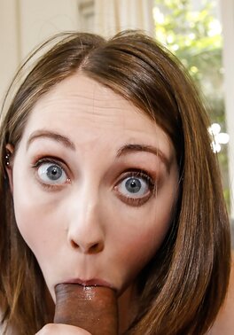 Nickey Huntsman delivers an interracial POV blowjob and swallows cum