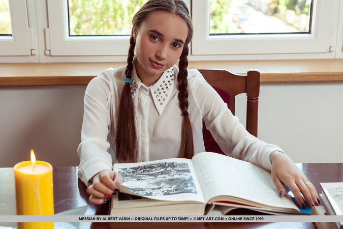 Nerdy college girl with pigtails and elegantly trimmed pussy flaunts young body