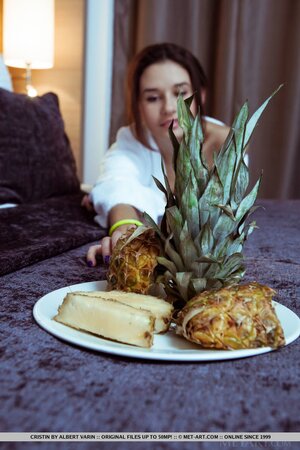 Babe enters bedroom after bathing and takes off white robe showing slender body