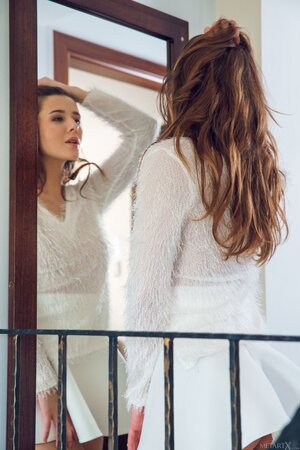 Babe strips and teases herself with fingers while climbing to the second floor