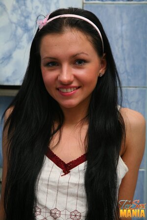 Horny youngster comes to bathroom and fucks raven-haired babe's orifices