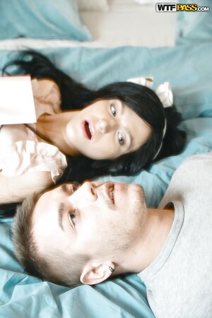 Excited brunette in headband doesn't mind if boyfriend ejaculates in pussy
