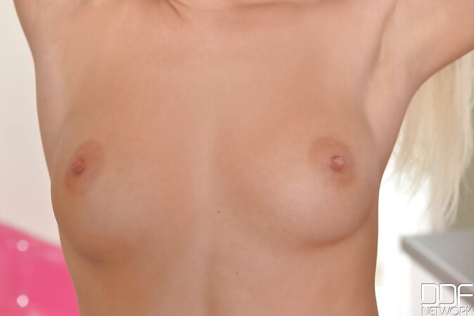 Flirtatious chick betrays boyfriend getting naked for other men and licking banana