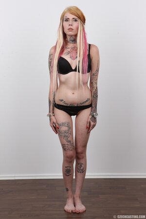 Horny tattooed Czech teen Jirina with no titties needs attention and strips
