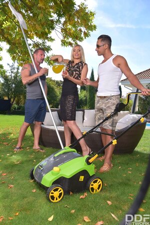 Libidinous female has threesome being double penetrated by gardener and lawn mower