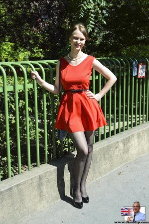 Risque love likes red dress and especially to get out of it and pose in the nude