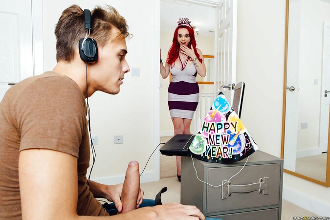 Sex with big-cocked young man is the best New Year gift for full-bosomed redhead