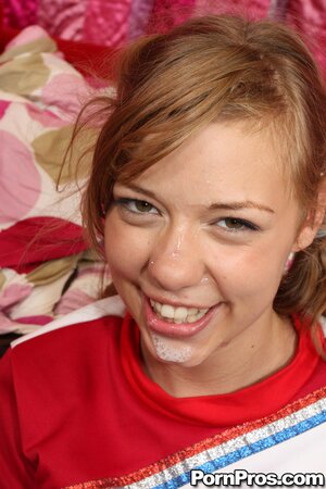 Middle-aged lecher is about to cum in cheerleader's pussy but girl stops him