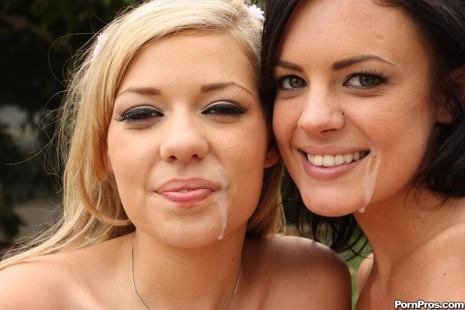 Girls play oral games with a pornographer an obtain cum on faces outdoors