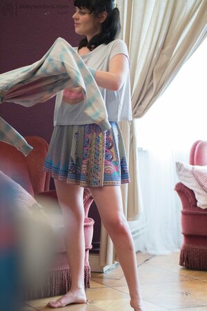 Voyeur figures out what color is dark-haired roommate's panties today