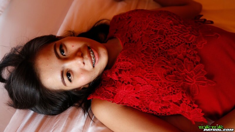 Classy Asian girl arrives in stud's hotel room and seductively poses naked there