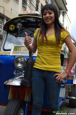 Naughty Eastern girl in yellow T-shirt and jeans finds a guy who pays for posing
