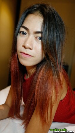 Thai babe with big expressive eyes shows off her tiny boobs and hairy pussy