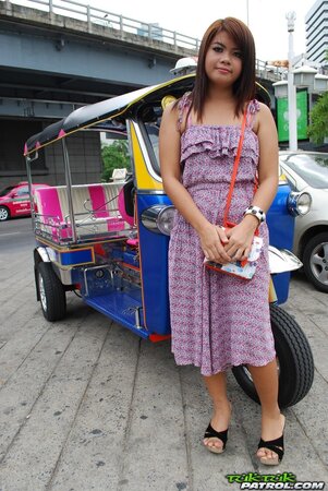 Asian teen Tukta with red hair wears sexy violet dress and prefers Tuk Tuk taxi
