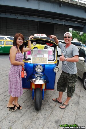 Asian teen Tukta with red hair wears sexy violet dress and prefers Tuk Tuk taxi