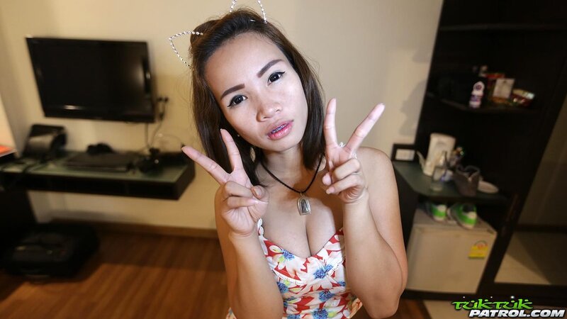 Playful Thai girl with natural boobs and white man have a lot of fun in bed