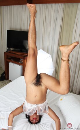 Woman's armpits and pussy are very hairy but she doesn't care about it