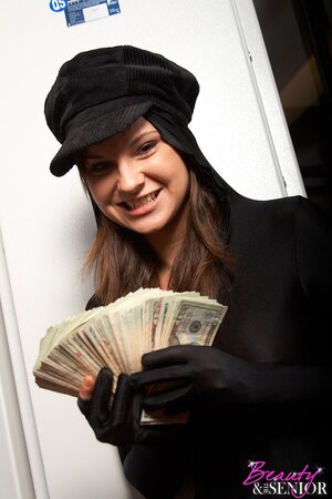 Adorable chick tries to still money but gets caught and has to fool around