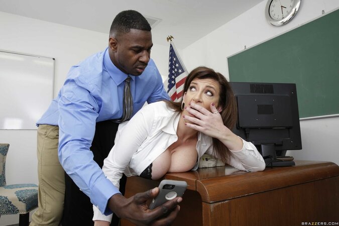 Mature teacher Sara Jay has to safe her job and have coition with black principal