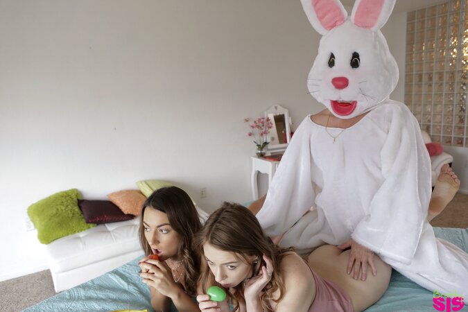 Burning chicks find a boy in bunny suit with sticking out cock to fool around