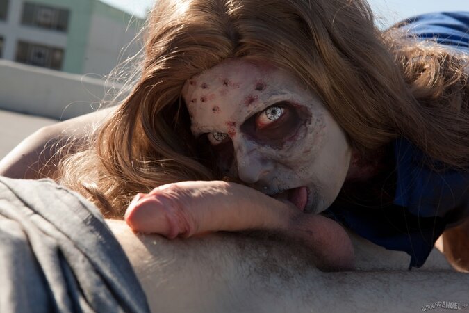 Guy isn't afraid of a teen zombie and he just makes it with her outdoors