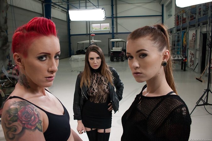 Experienced lesbian with her sexy girlfriends make love on a sex swing