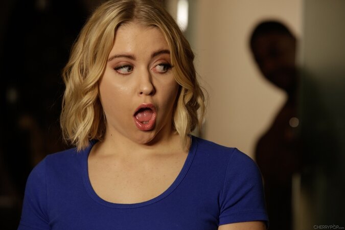 Tiny young blonde got her hairy cunny banged by huge black cock on the floor
