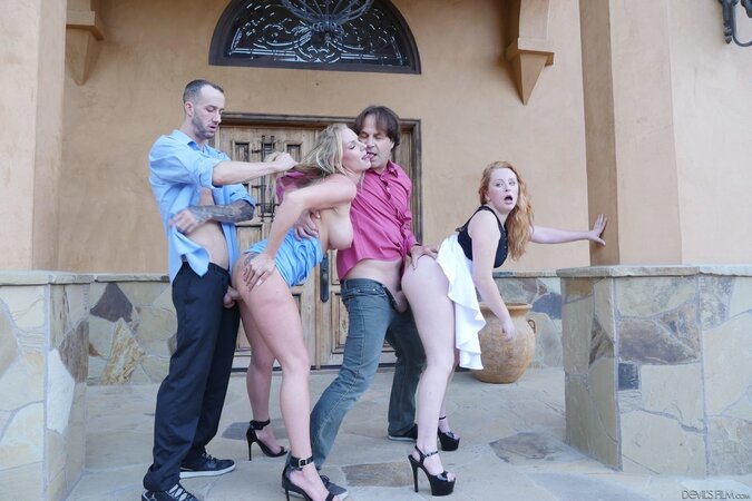 Redhead and blonde MILF share husbands' dicks during foursome on the porch