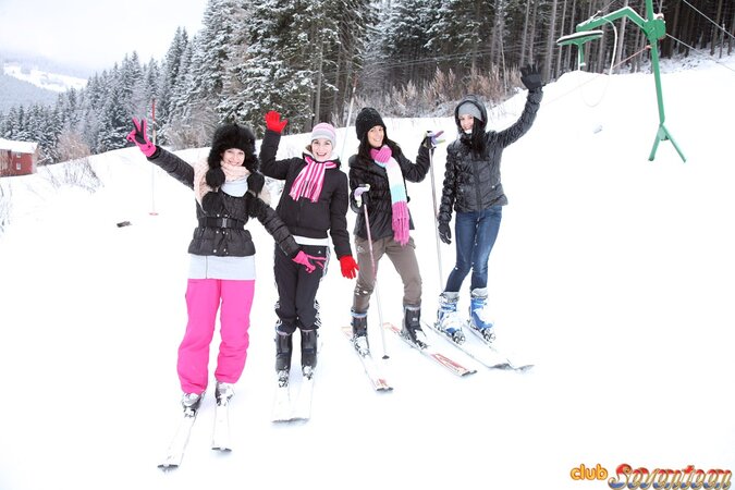 Four girlfriends flash tits in the snow and play kinky sex games in the cabin