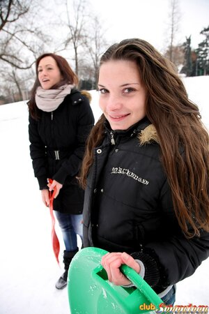 Lovelies are tired of winter and go home to finger pussies in warm bed