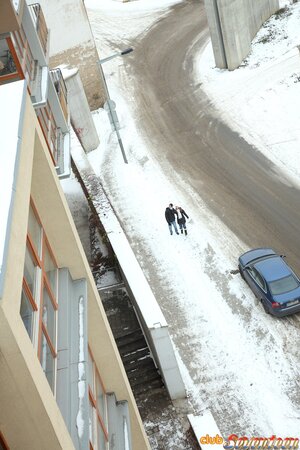 Spicy girl plays in the snow with young man and hurries home to play adult games