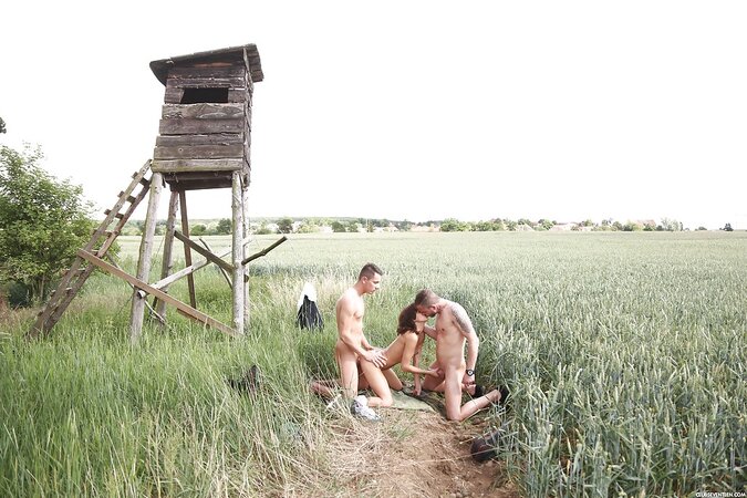 No one is going to hear student's moans being fucked by two men in the field