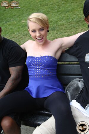 Blonde hussy makes her man a cuckold by taking two black cocks on his birthday