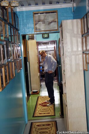 Slender blonde drilled by bald black man in front of her white fiance