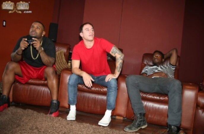 Cuckold strokes dick watching his spouse copulating with two black studs