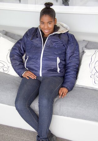 Amateur Ebony fatty in jeans unveils her impossibly-huge breasts for the camera