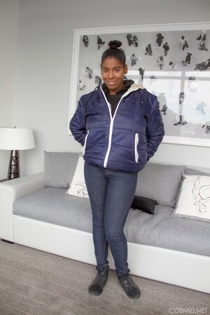 Amateur Ebony fatty in jeans unveils her impossibly-huge breasts for the camera