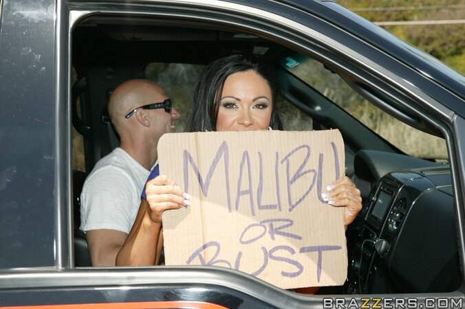 Bald man finds brunette MILF on beach and takes to his room for fucking