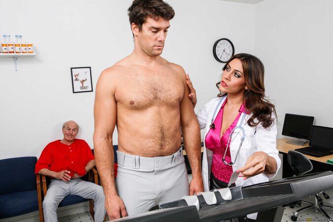 Busty nurse drilled hard and facialized by hung patient in front of old man