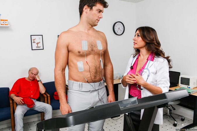 Busty nurse drilled hard and facialized by hung patient in front of old man