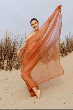 Playful brunette with sexy bush poses on the beach with only piece of cloth