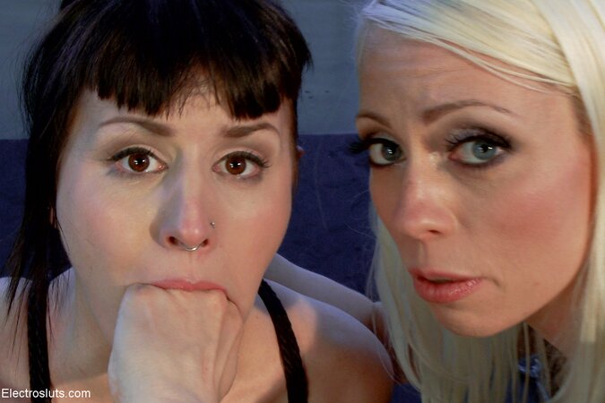 Bound submissive lezzie has to worship mistress' feet during electric BDSM play