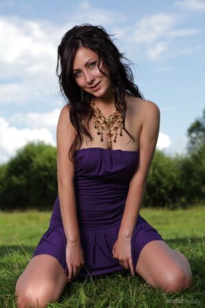 Sweet has dark hair and pale nipples that perfectly feet on the green grass