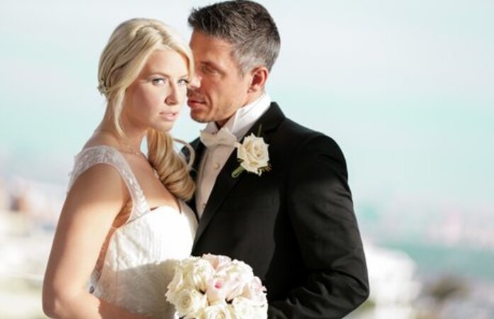 Excited husband and blonde wife have sex after the wedding ceremony is finished