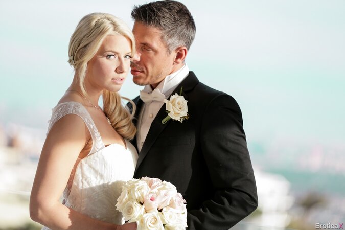 Excited husband and blonde wife have sex after the wedding ceremony is finished