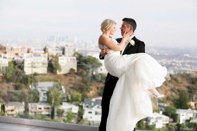 Excited husband and blonde wife have sex after the wedding ceremony is finished